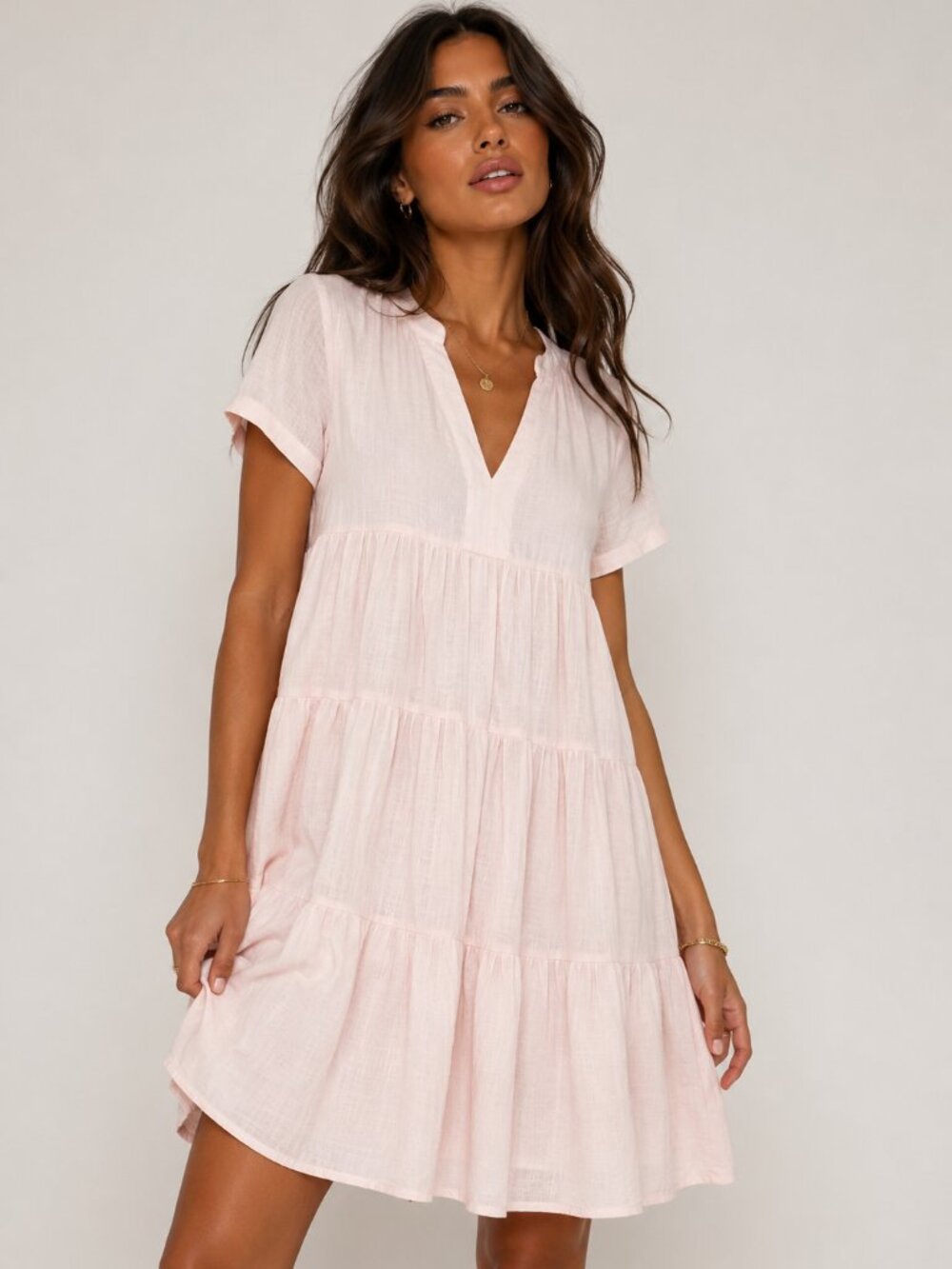 Maeve Anthropologie Blush Pink Tiered Babydoll Mini Dress | Viscose | Size Small